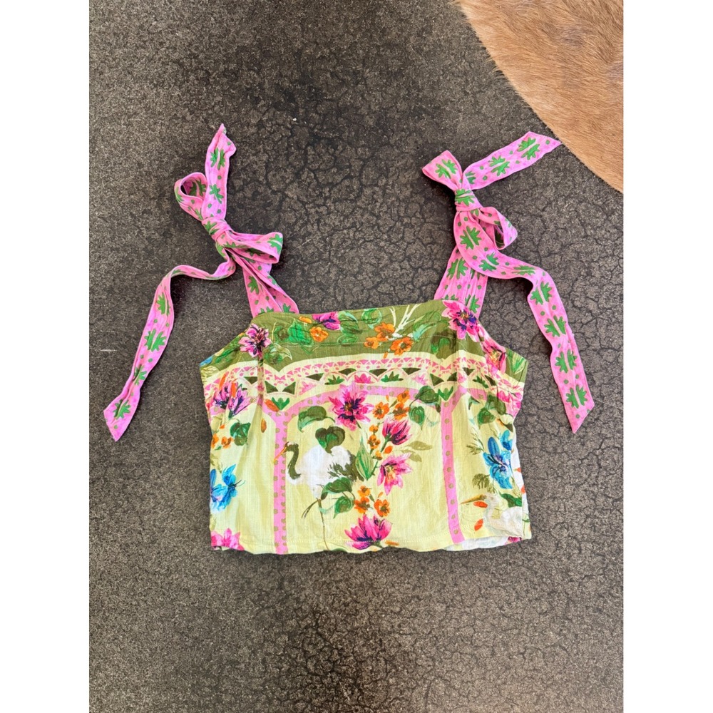 Rose + Olive Resort Floral Crane Print Crop Top Tie Shoulder Smocked Back Small - Picture 2 of 7